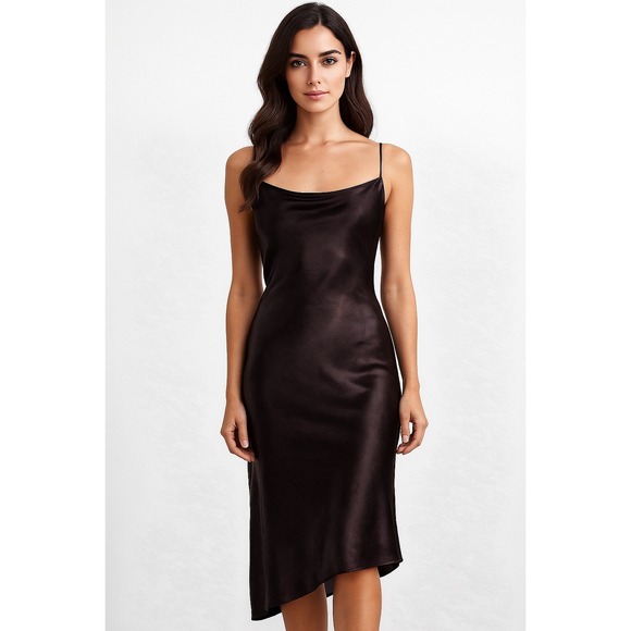 VTG Y2K 90s Tricot Chic Midi Slip Dress Asymmetric Hem Brown Sz M Party  Italy